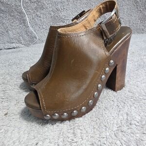 Naughty Monkey Studded Leather Clog Sandals Brown Wood Platform Womens 6.5 Y2K